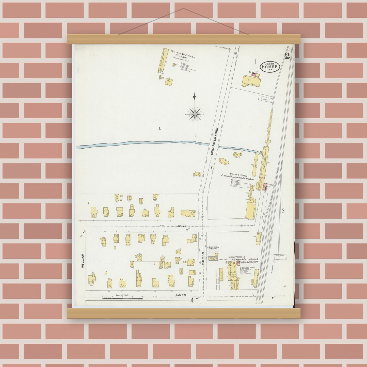 Old map wall art mockup — magnetic wood frame on brick wall — Sanborn Fire Insurance Map from Homer, Cortland County, New York (1898), Sheet #0002
