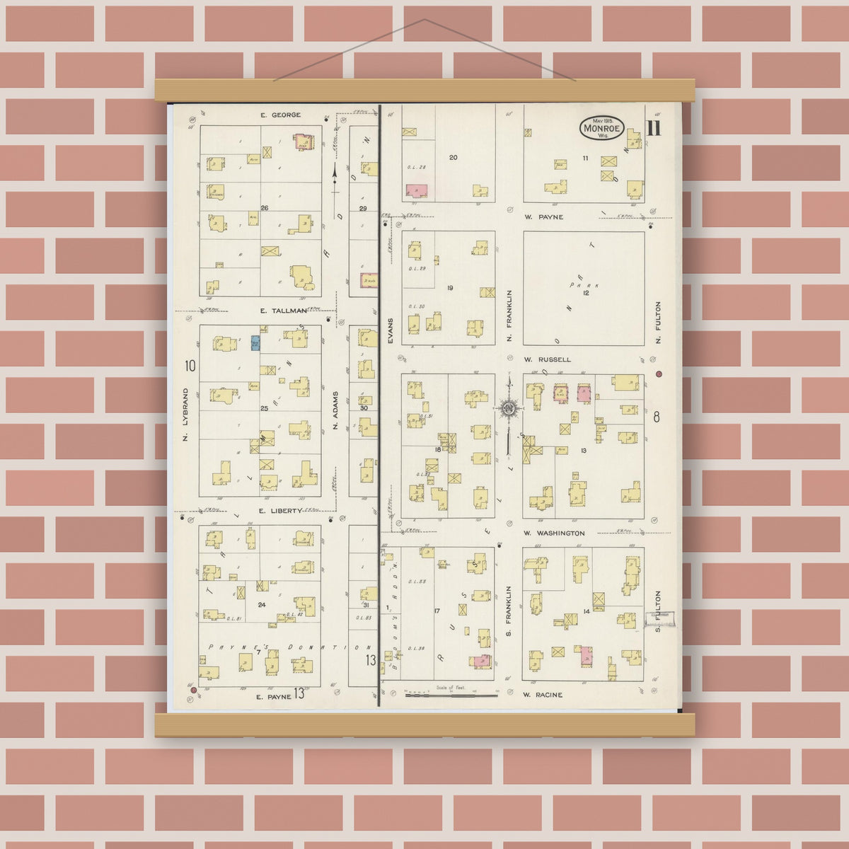 Old map wall art mockup — magnetic wood frame on brick wall — Sanborn Fire Insurance Map from Monroe, Green County, Wisconsin (1915), Sheet #0011