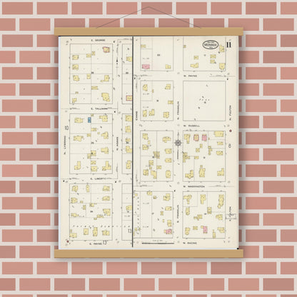 Old map wall art mockup — magnetic wood frame on brick wall — Sanborn Fire Insurance Map from Monroe, Green County, Wisconsin (1915), Sheet #0011