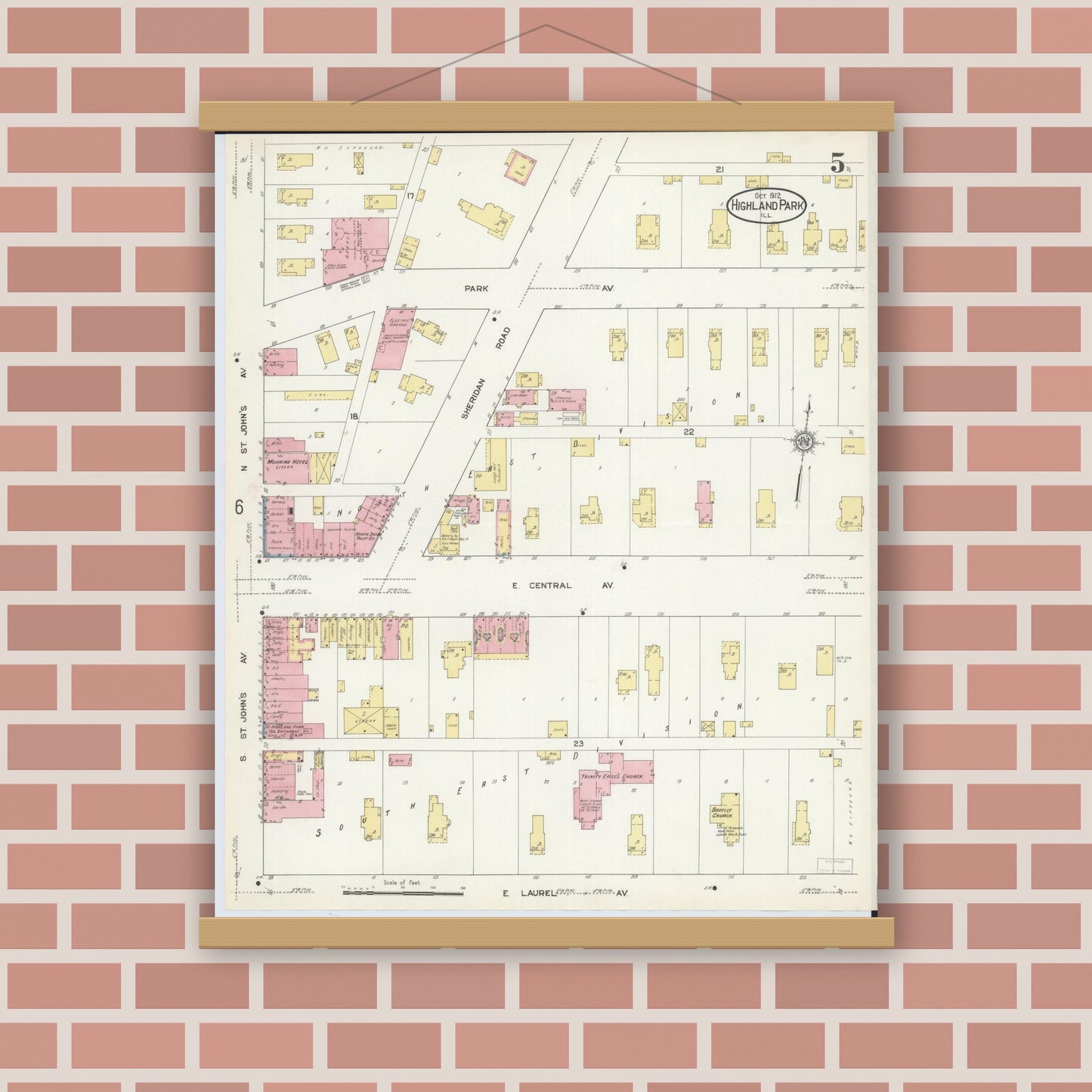 Old map wall art mockup — magnetic wood frame on brick wall — Sanborn Fire Insurance Map from Highland Park, Lake County, Illinois (1912), Sheet #0005