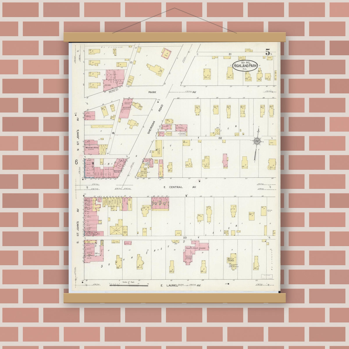 Old map wall art mockup — magnetic wood frame on brick wall — Sanborn Fire Insurance Map from Highland Park, Lake County, Illinois (1912), Sheet #0005