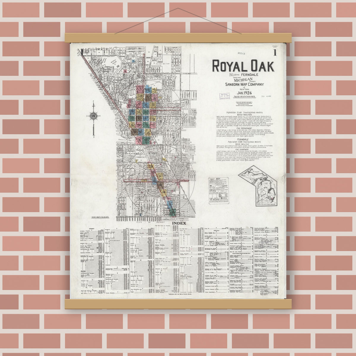 Old map wall art mockup — magnetic wood frame on brick wall — Sanborn Fire Insurance Map from Royal Oak, Oakland County, Michigan (1926), Sheet #0001