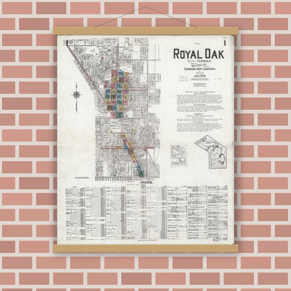 Old map wall art mockup — magnetic wood frame on brick wall — Sanborn Fire Insurance Map from Royal Oak, Oakland County, Michigan (1926), Sheet #0001