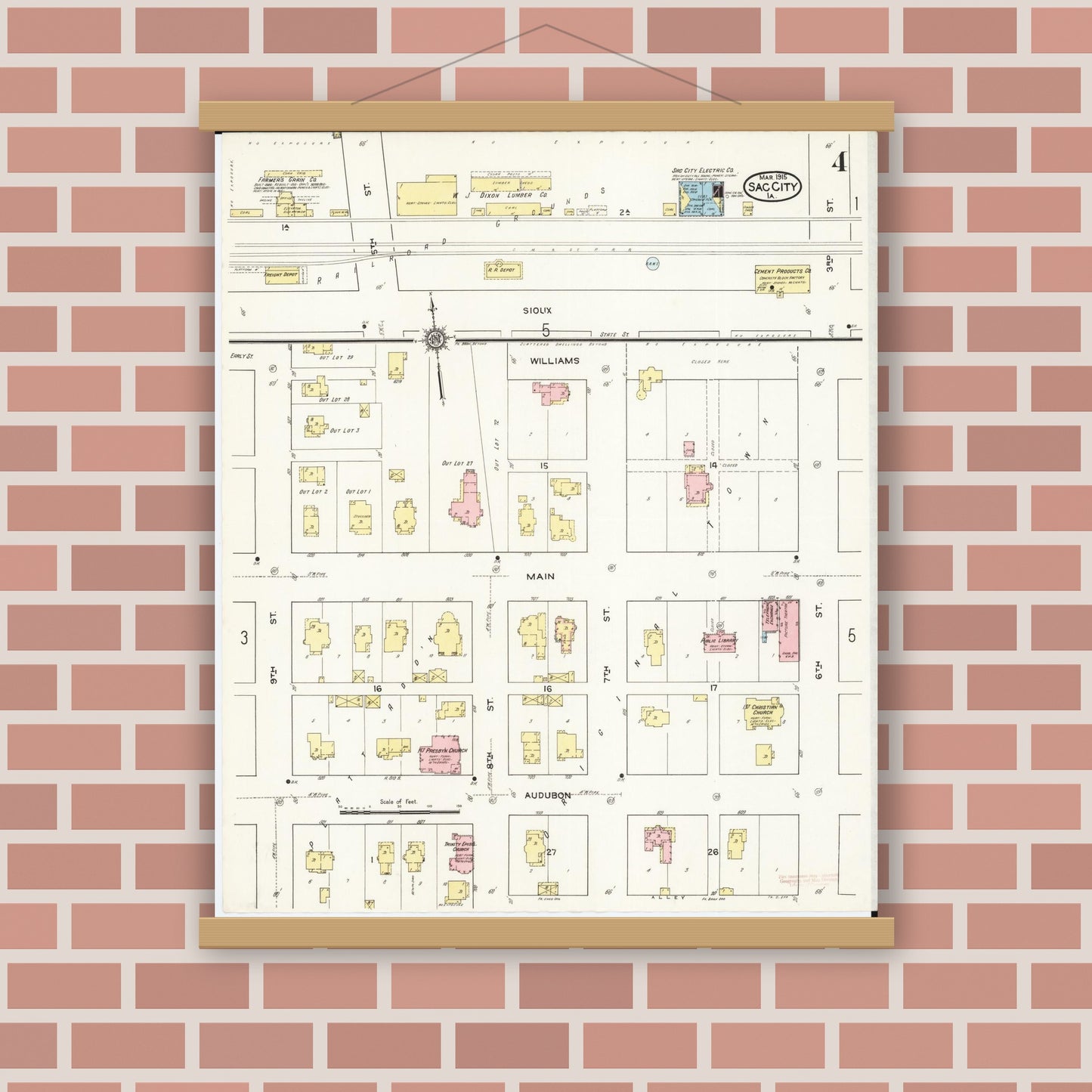 Old map wall art mockup — magnetic wood frame on brick wall — Sanborn Fire Insurance Map from Sac City, Sac County, Iowa (1915), Sheet #0004