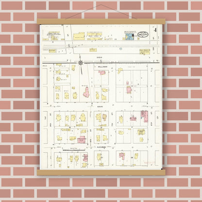Old map wall art mockup — magnetic wood frame on brick wall — Sanborn Fire Insurance Map from Sac City, Sac County, Iowa (1915), Sheet #0004