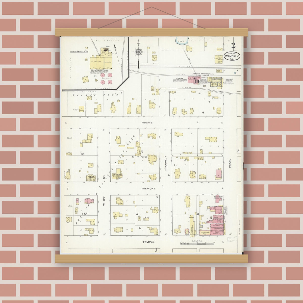 Old map wall art mockup — magnetic wood frame on brick wall — Sanborn Fire Insurance Map from Waverly, Morgan County, Illinois (1914), Sheet #0002