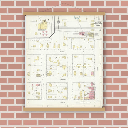 Old map wall art mockup — magnetic wood frame on brick wall — Sanborn Fire Insurance Map from Waverly, Morgan County, Illinois (1914), Sheet #0002