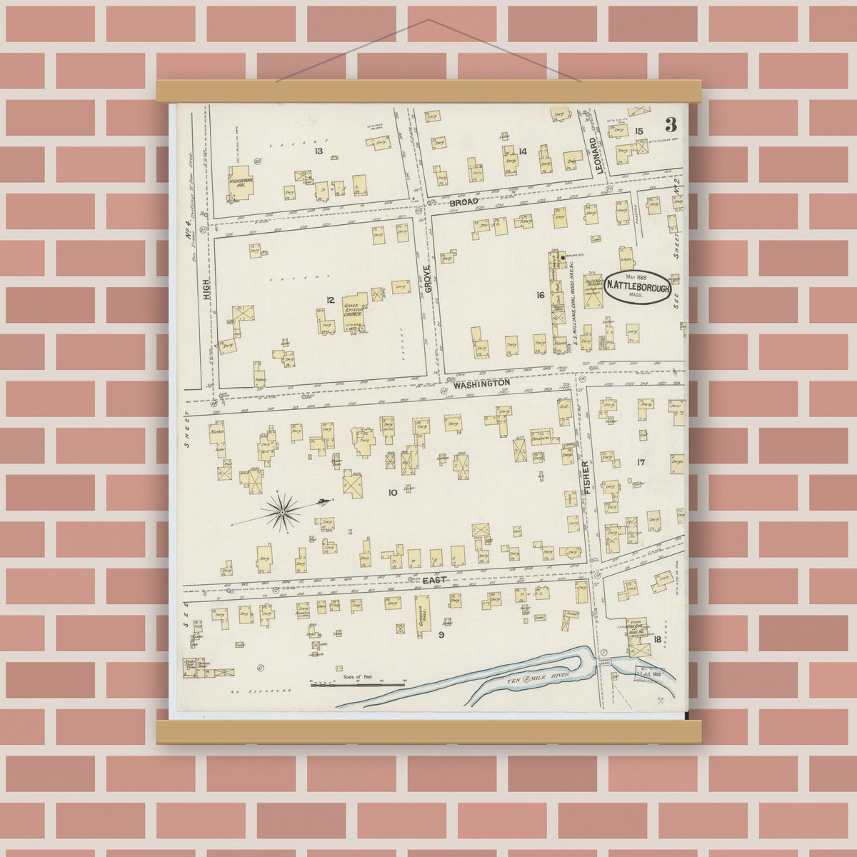 Old map wall art mockup — magnetic wood frame on brick wall — Sanborn Fire Insurance Map from North Attleborough, Bristol County, Massachusetts (1889), Sheet #0003