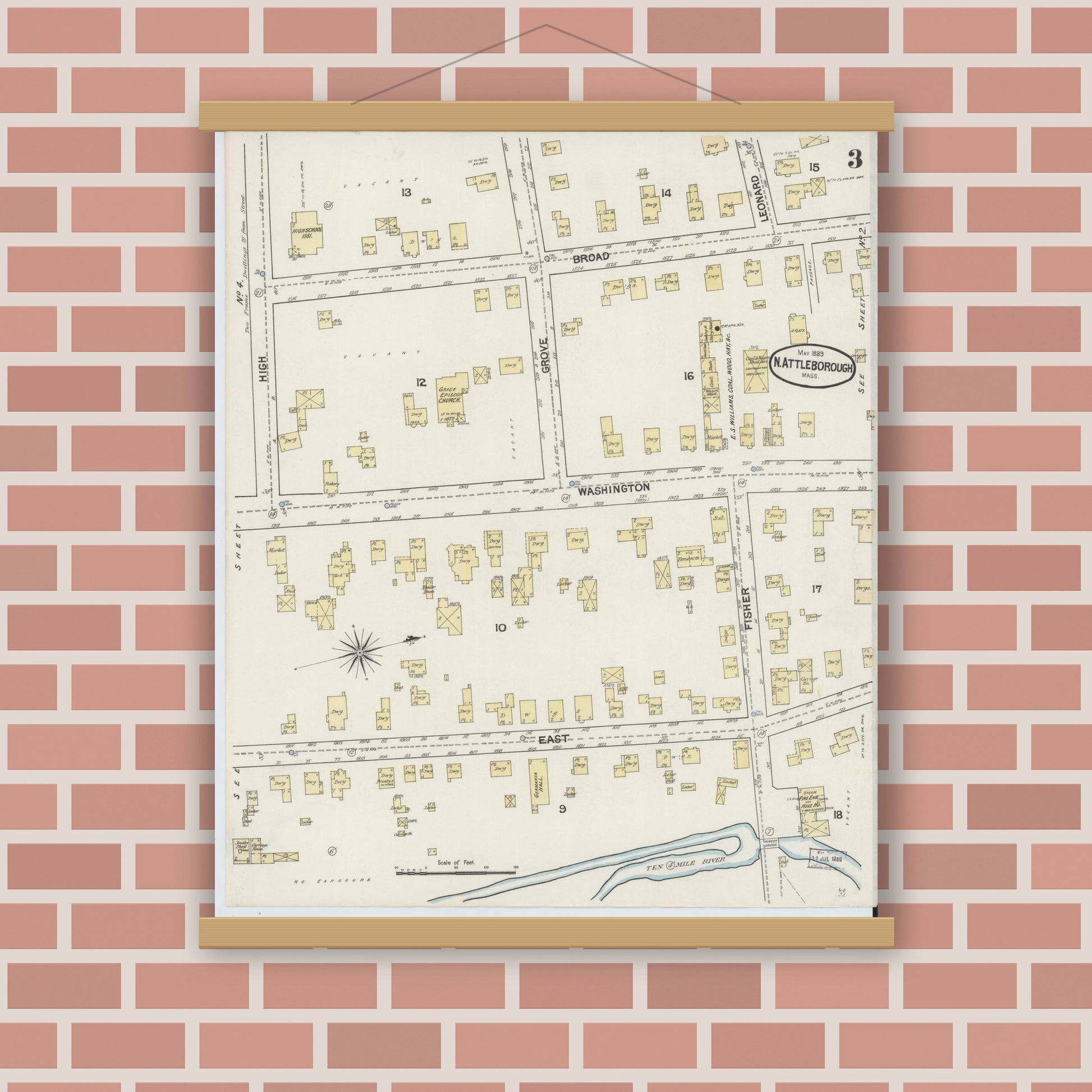 Old map wall art mockup — magnetic wood frame on brick wall — Sanborn Fire Insurance Map from North Attleborough, Bristol County, Massachusetts (1889), Sheet #0003