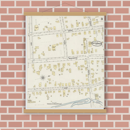 Old map wall art mockup — magnetic wood frame on brick wall — Sanborn Fire Insurance Map from North Attleborough, Bristol County, Massachusetts (1889), Sheet #0003