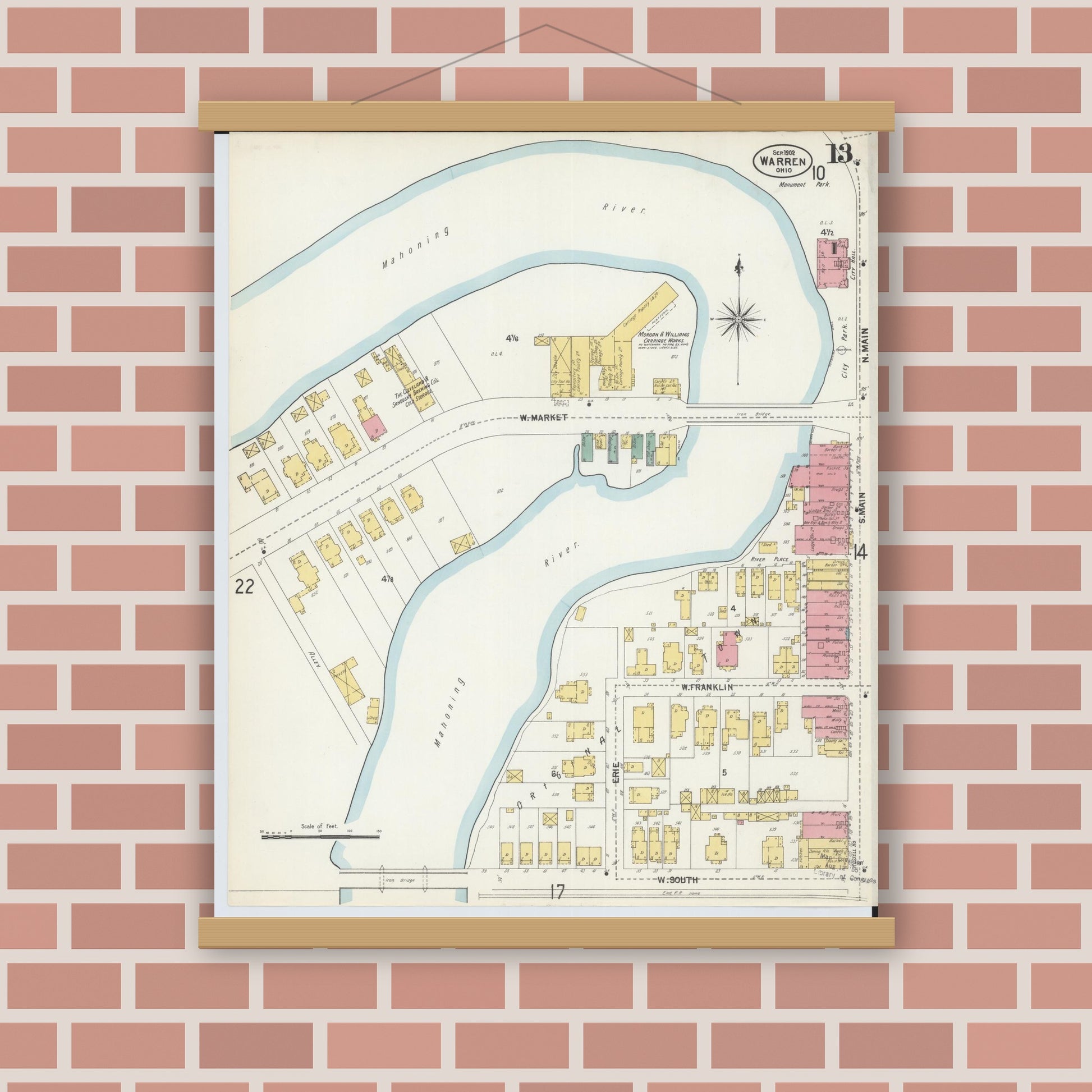 Old map wall art mockup — magnetic wood frame on brick wall — Sanborn Fire Insurance Map from Warren, Trumbull County, Ohio (1902), Sheet #0013