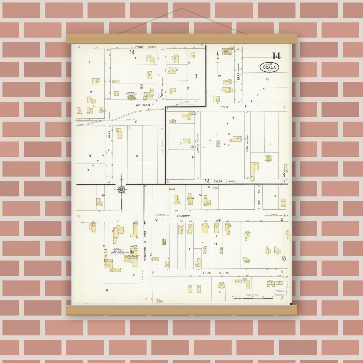 Old map wall art mockup — magnetic wood frame on brick wall — Sanborn Fire Insurance Map from Ocala, Marion County, Florida (1912), Sheet #0014