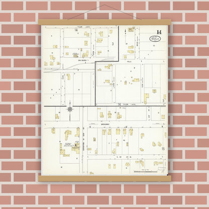 Old map wall art mockup — magnetic wood frame on brick wall — Sanborn Fire Insurance Map from Ocala, Marion County, Florida (1912), Sheet #0014