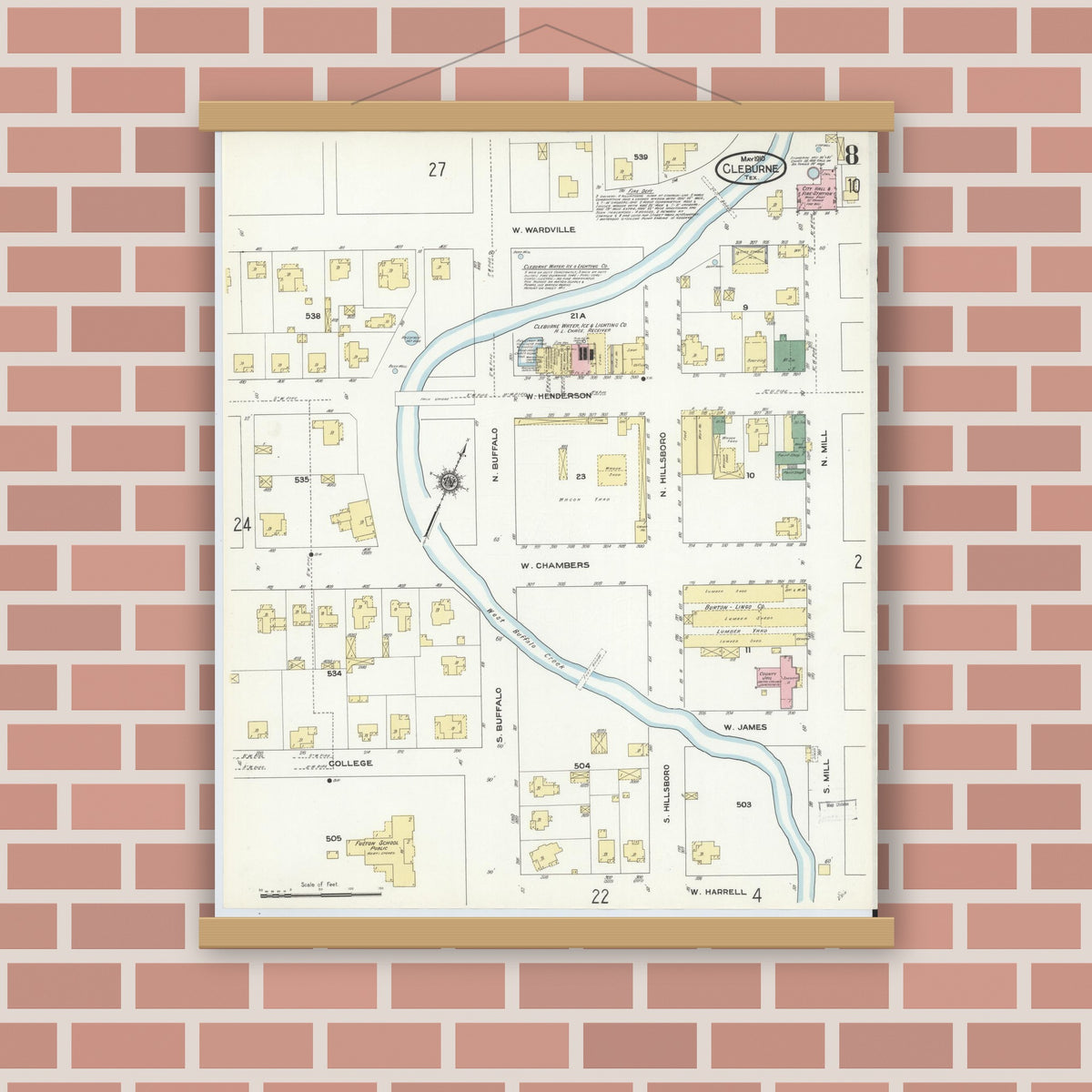 Old map wall art mockup — magnetic wood frame on brick wall — Sanborn Fire Insurance Map from Cleburne, Johnson County, Texas (1910), Sheet #0008