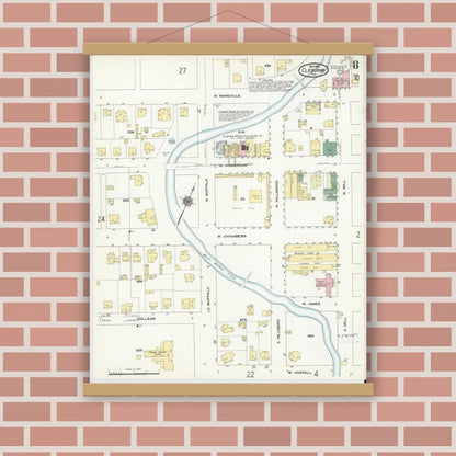Old map wall art mockup — magnetic wood frame on brick wall — Sanborn Fire Insurance Map from Cleburne, Johnson County, Texas (1910), Sheet #0008