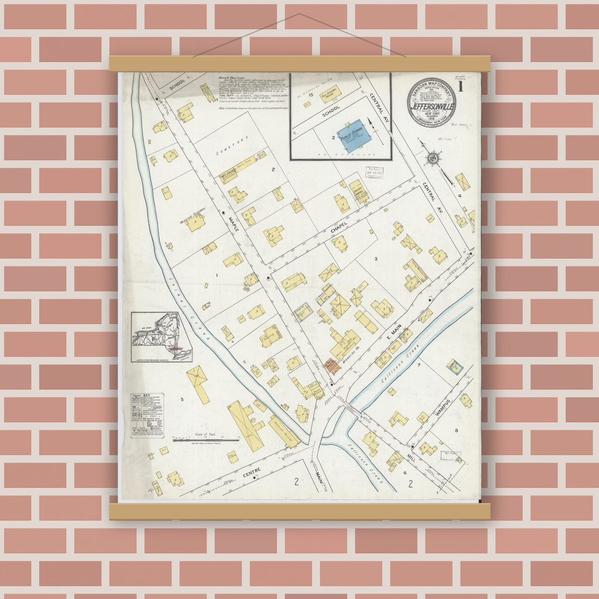 Old map wall art mockup — magnetic wood frame on brick wall — Sanborn Fire Insurance Map from Jeffersonville, Sullivan County, New York (1918) - Complete Map Set