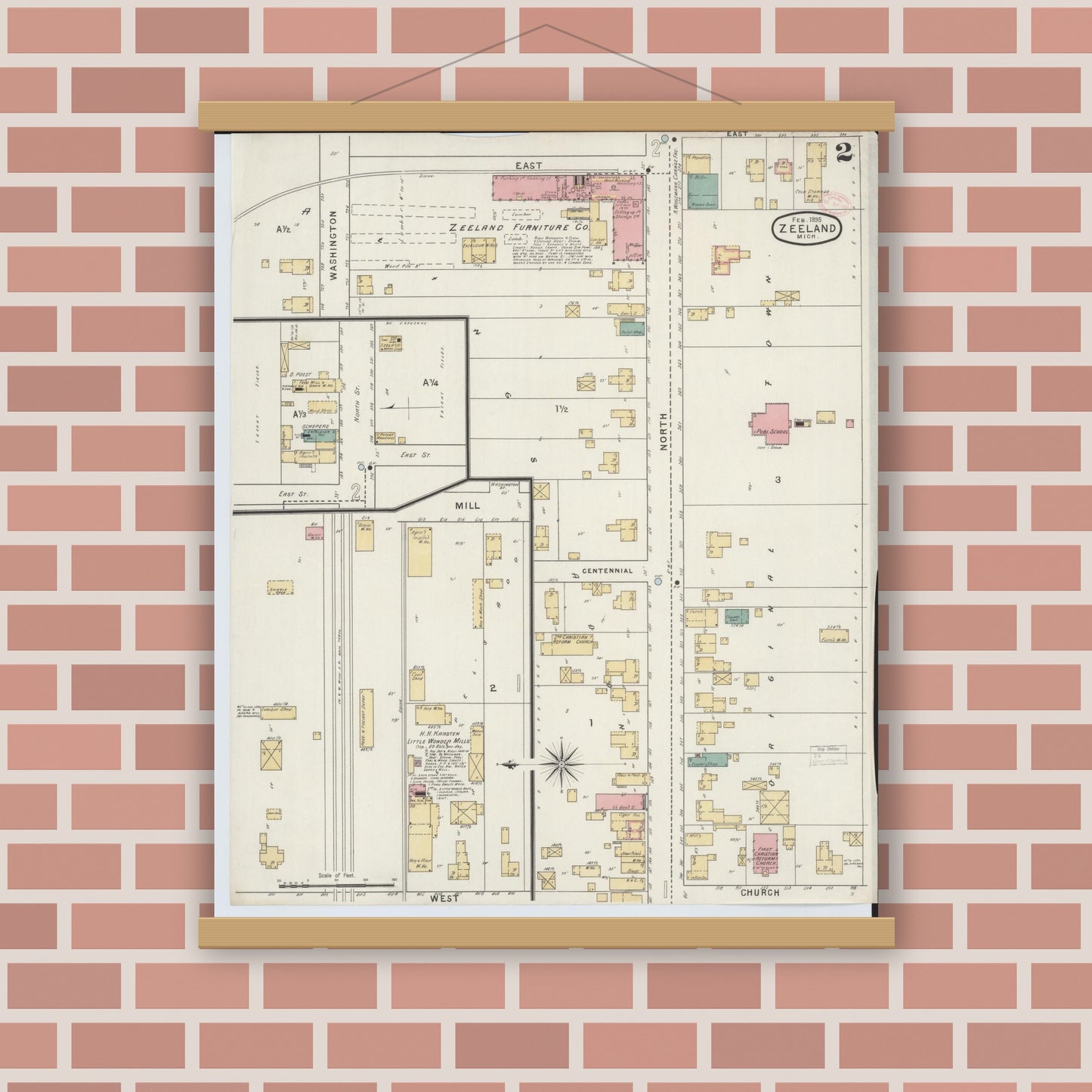 Old map wall art mockup — magnetic wood frame on brick wall — Sanborn Fire Insurance Map from Zeeland, Ottawa County, Michigan (1895), Sheet #0002