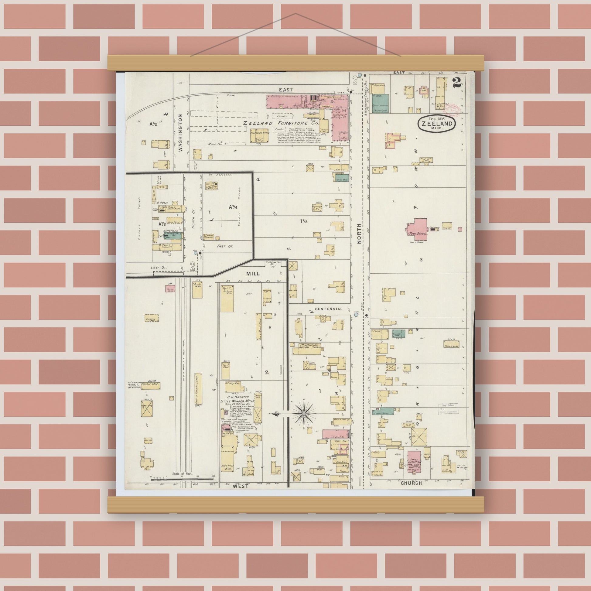 Old map wall art mockup — magnetic wood frame on brick wall — Sanborn Fire Insurance Map from Zeeland, Ottawa County, Michigan (1895), Sheet #0002