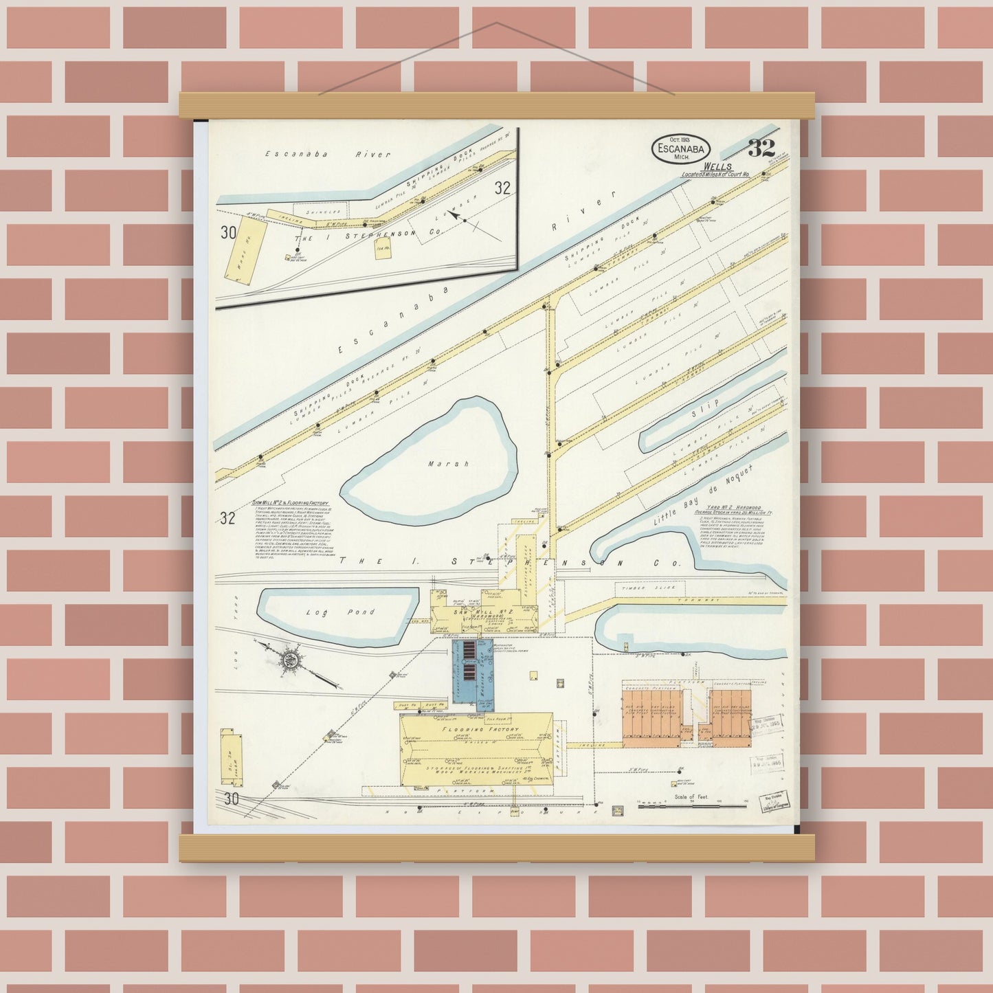 Old map wall art mockup — magnetic wood frame on brick wall — Sanborn Fire Insurance Map from Escanaba, Delta County, Michigan (1913), Sheet #0032