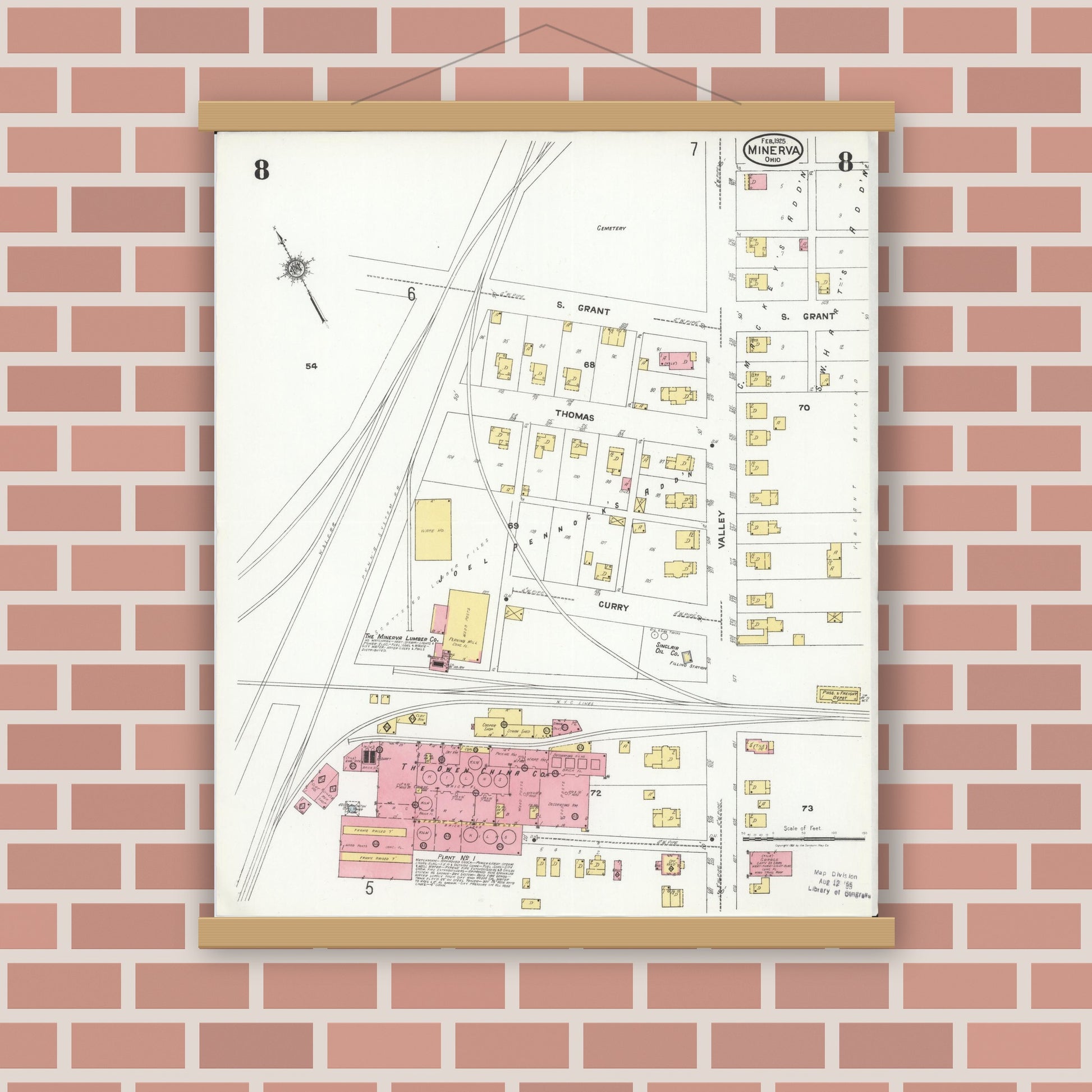 Old map wall art mockup — magnetic wood frame on brick wall — Sanborn Fire Insurance Map from Minerva, Stark And Carroll Counties, Ohio (1925), Sheet #0008