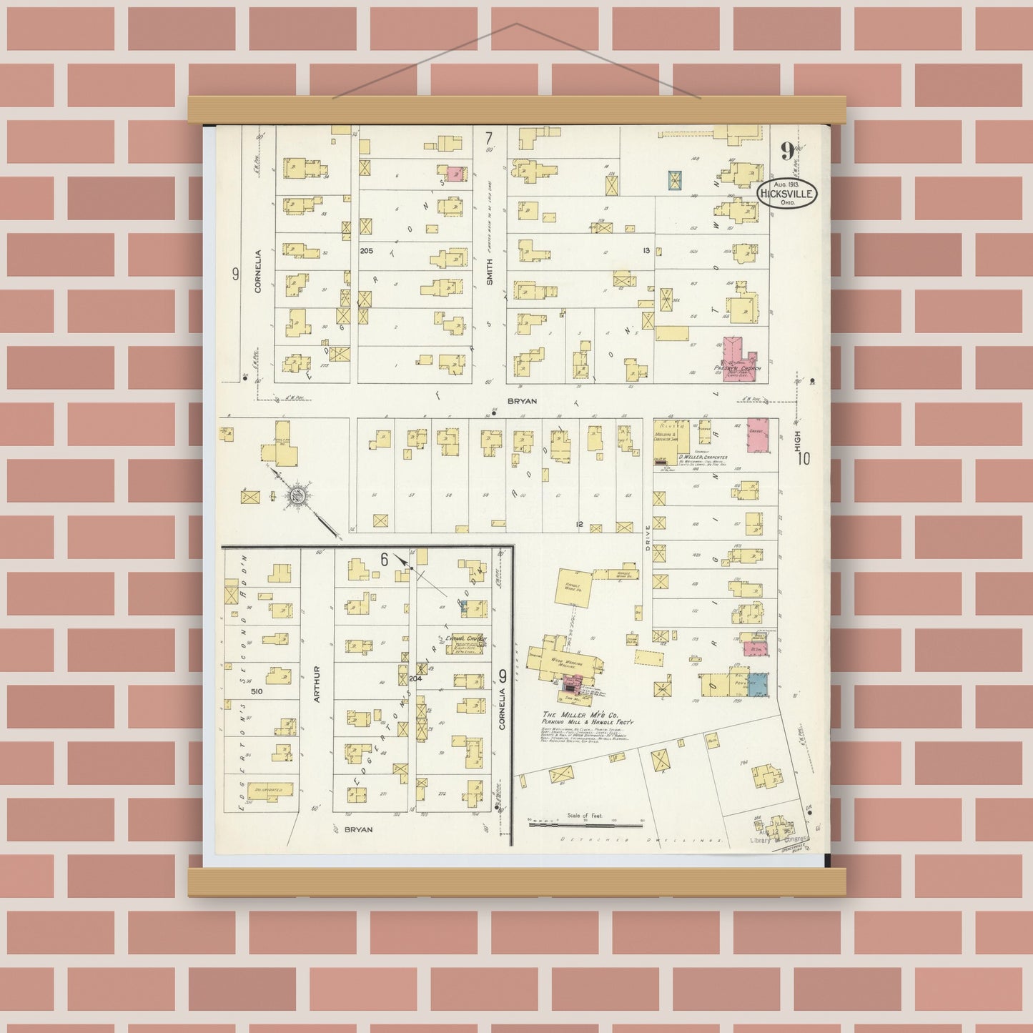 Old map wall art mockup — magnetic wood frame on brick wall — Sanborn Fire Insurance Map from Hicksville, Defiance County, Ohio (1913), Sheet #0009