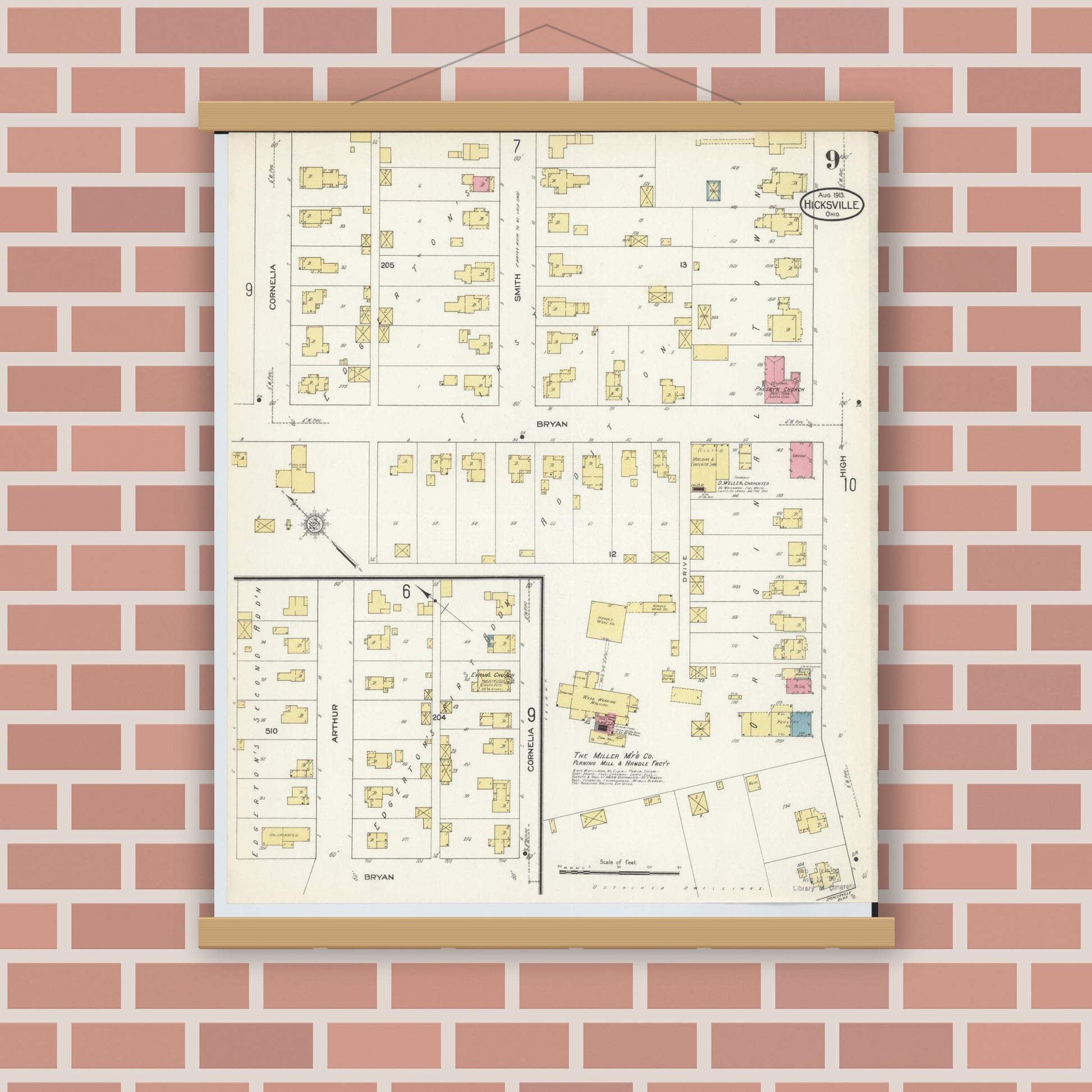 Old map wall art mockup — magnetic wood frame on brick wall — Sanborn Fire Insurance Map from Hicksville, Defiance County, Ohio (1913), Sheet #0009