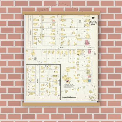 Old map wall art mockup — magnetic wood frame on brick wall — Sanborn Fire Insurance Map from Hicksville, Defiance County, Ohio (1913), Sheet #0009