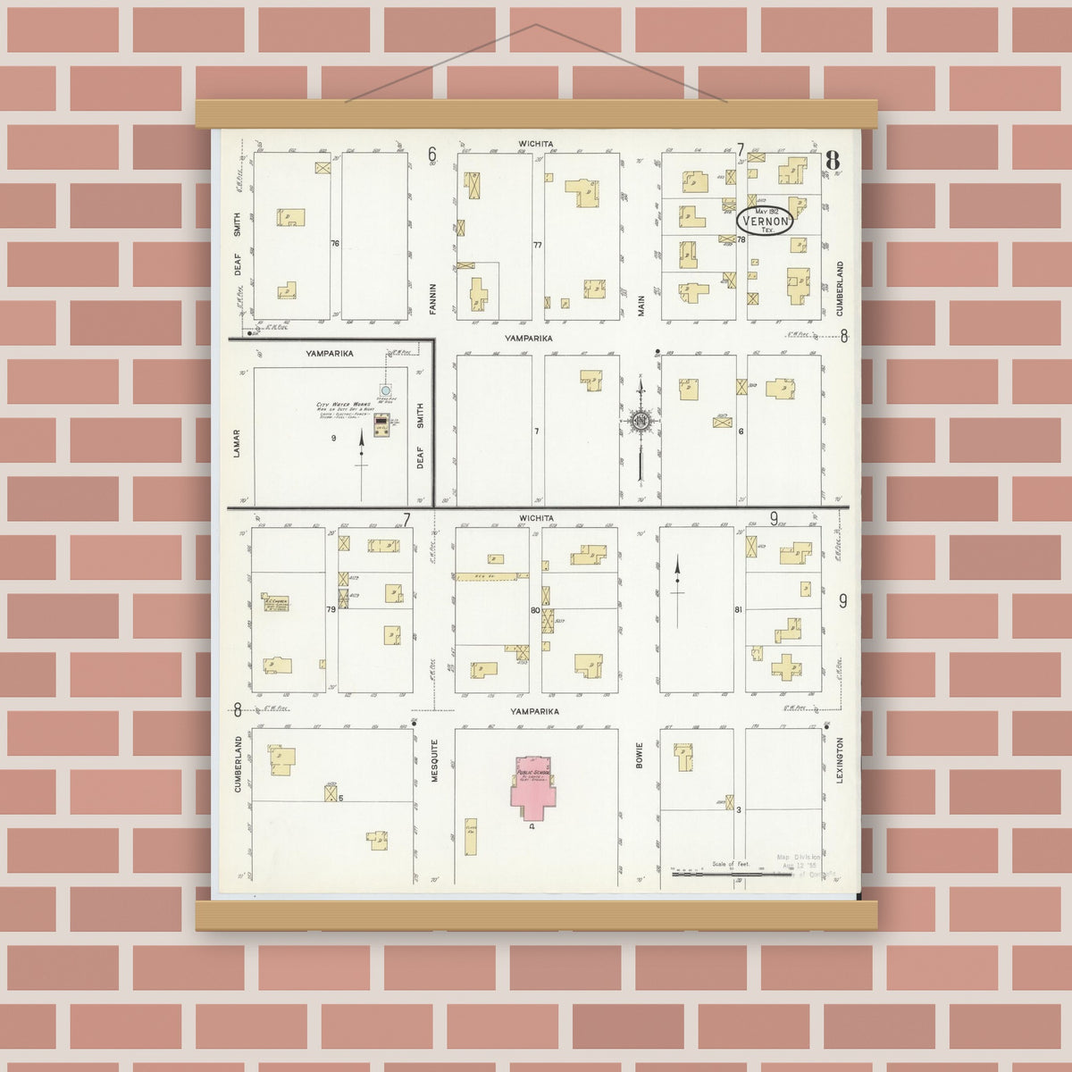 Old map wall art mockup — magnetic wood frame on brick wall — Sanborn Fire Insurance Map from Vernon, Wilbarger County, Texas (1912), Sheet #0008