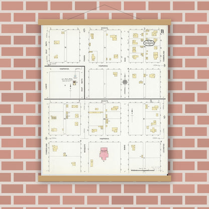 Old map wall art mockup — magnetic wood frame on brick wall — Sanborn Fire Insurance Map from Vernon, Wilbarger County, Texas (1912), Sheet #0008