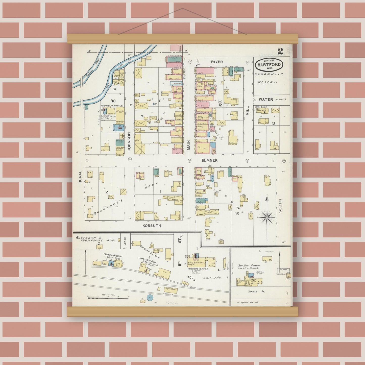 Old map wall art mockup — magnetic wood frame on brick wall — Sanborn Fire Insurance Map from Hartford, Washington County, Wisconsin (1892), Sheet #0002