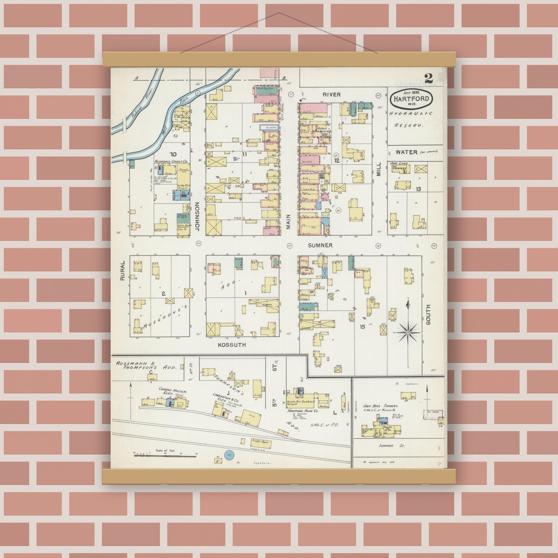 Old map wall art mockup — magnetic wood frame on brick wall — Sanborn Fire Insurance Map from Hartford, Washington County, Wisconsin (1892), Sheet #0002