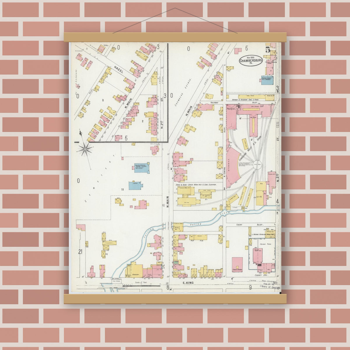 Old map wall art mockup — magnetic wood frame on brick wall — Sanborn Fire Insurance Map from Chambersburg, Franklin County, Pennsylvania (1899), Sheet #0005