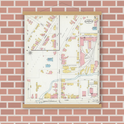 Old map wall art mockup — magnetic wood frame on brick wall — Sanborn Fire Insurance Map from Chambersburg, Franklin County, Pennsylvania (1899), Sheet #0005
