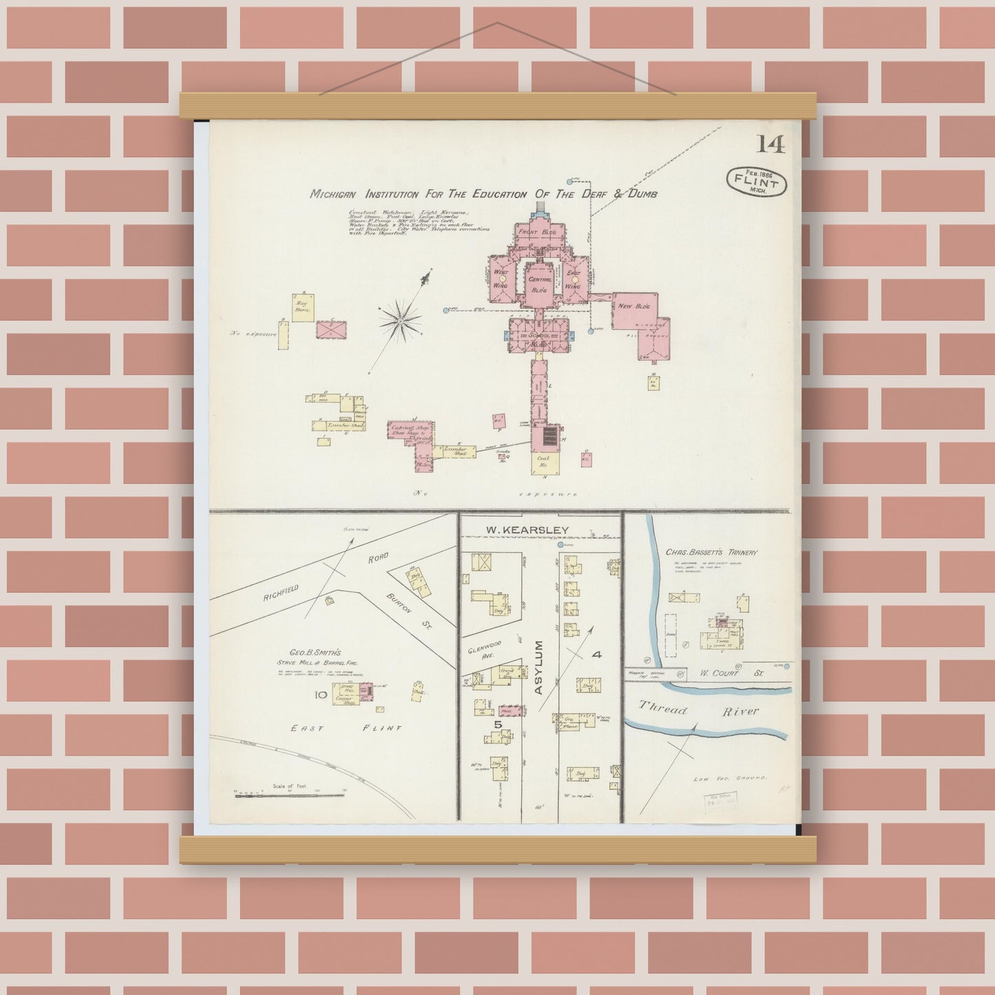 Old map wall art mockup — magnetic wood frame on brick wall — Sanborn Fire Insurance Map from Flint, Genesee County, Michigan (1886), Sheet #0014