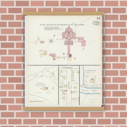 Old map wall art mockup — magnetic wood frame on brick wall — Sanborn Fire Insurance Map from Flint, Genesee County, Michigan (1886), Sheet #0014