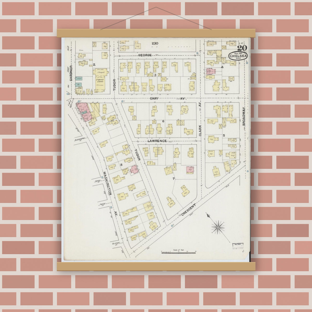 Old map wall art mockup — magnetic wood frame on brick wall — Sanborn Fire Insurance Map from Chelsea, Suffolk County, Massachusetts (1889), Sheet #0020