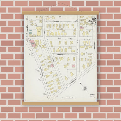 Old map wall art mockup — magnetic wood frame on brick wall — Sanborn Fire Insurance Map from Chelsea, Suffolk County, Massachusetts (1889), Sheet #0020