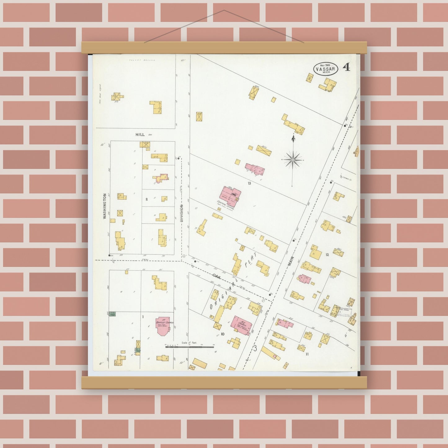 Old map wall art mockup — magnetic wood frame on brick wall — Sanborn Fire Insurance Map from Vassar, Tuscola County, Michigan (1900), Sheet #0004