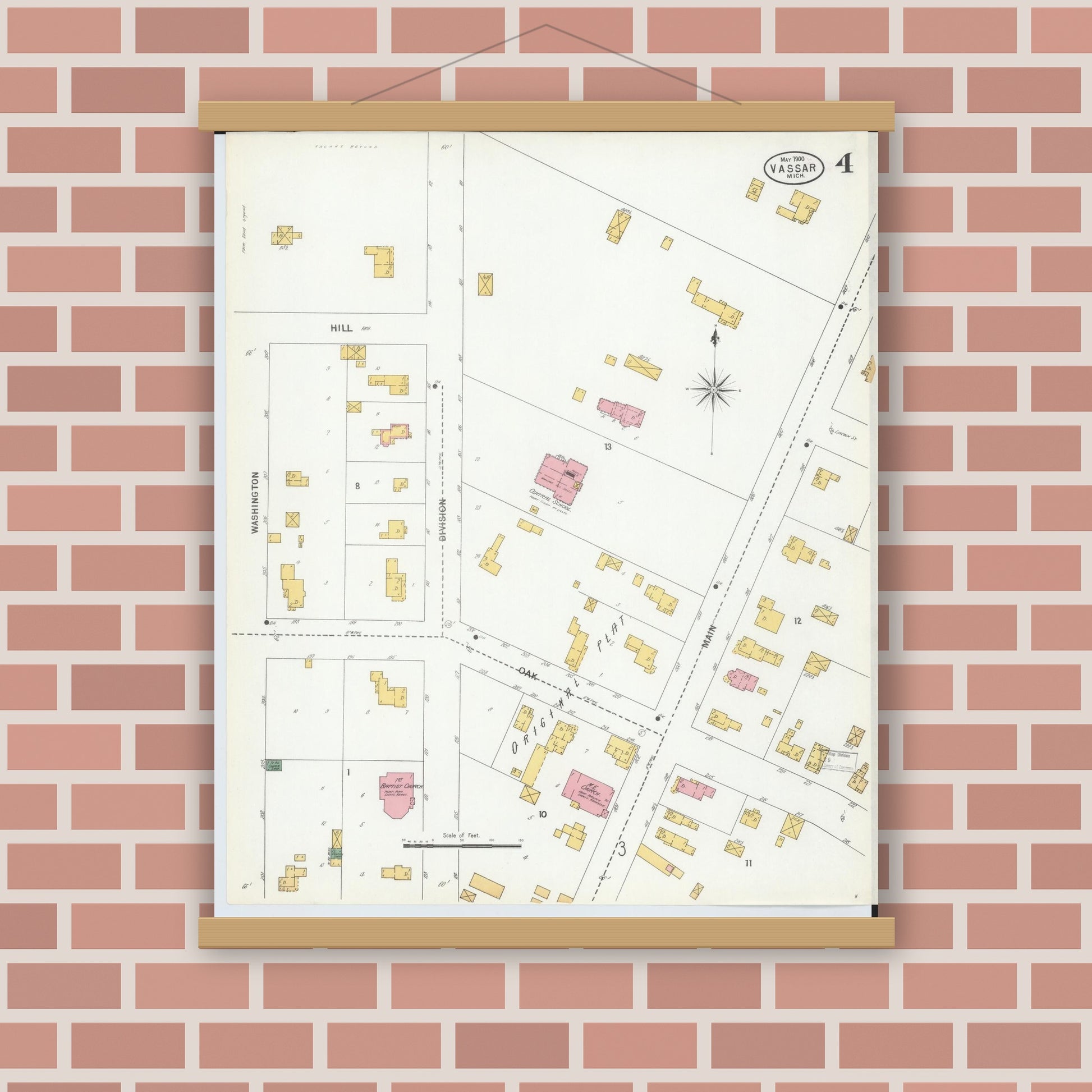 Old map wall art mockup — magnetic wood frame on brick wall — Sanborn Fire Insurance Map from Vassar, Tuscola County, Michigan (1900), Sheet #0004