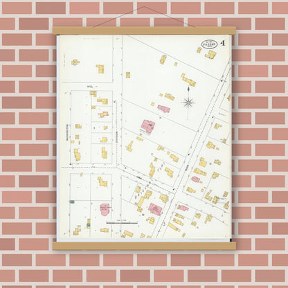 Old map wall art mockup — magnetic wood frame on brick wall — Sanborn Fire Insurance Map from Vassar, Tuscola County, Michigan (1900), Sheet #0004