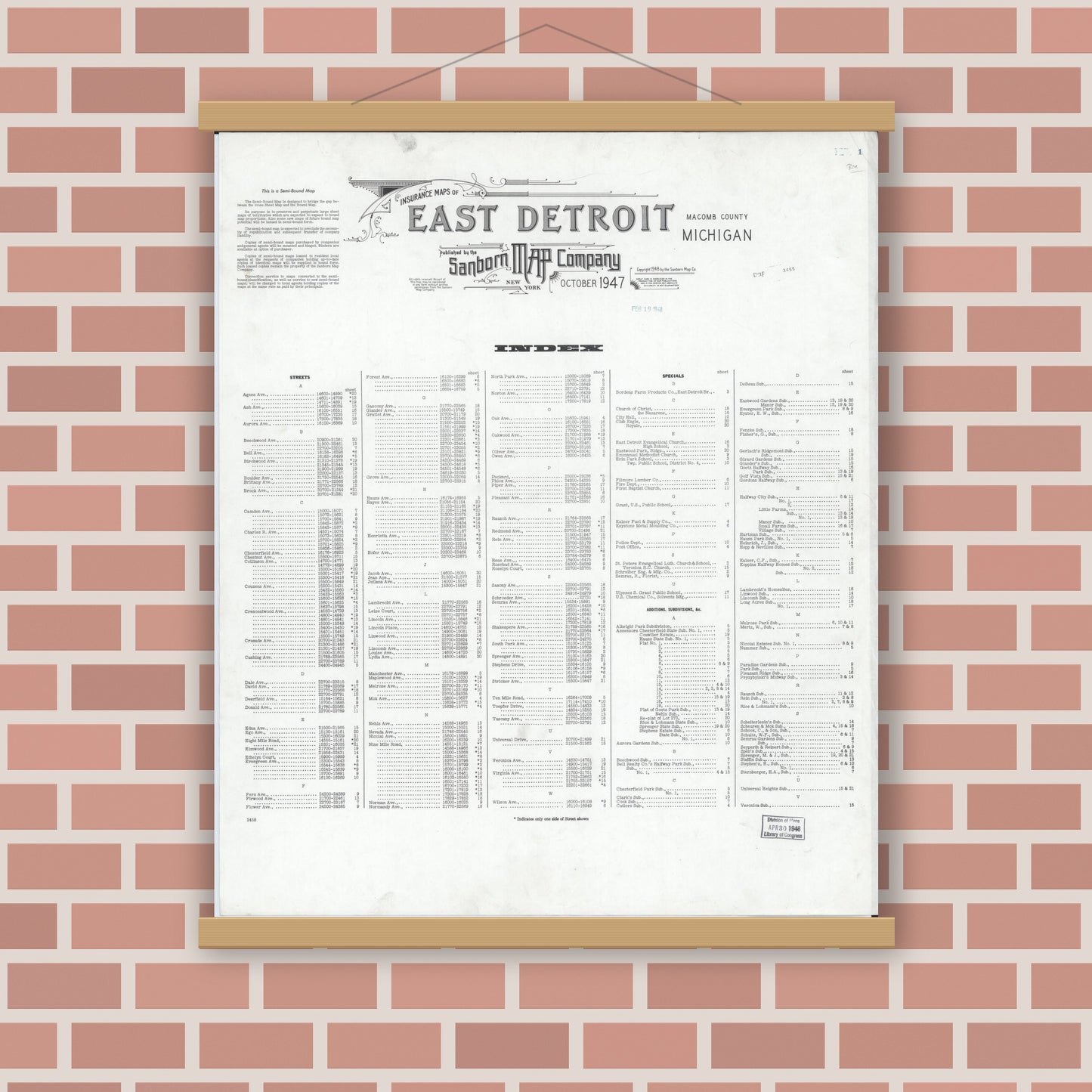 Old map wall art mockup — magnetic wood frame on brick wall — Sanborn Fire Insurance Map from East Detroit, Macomb County, Michigan (1947), Sheet #0001