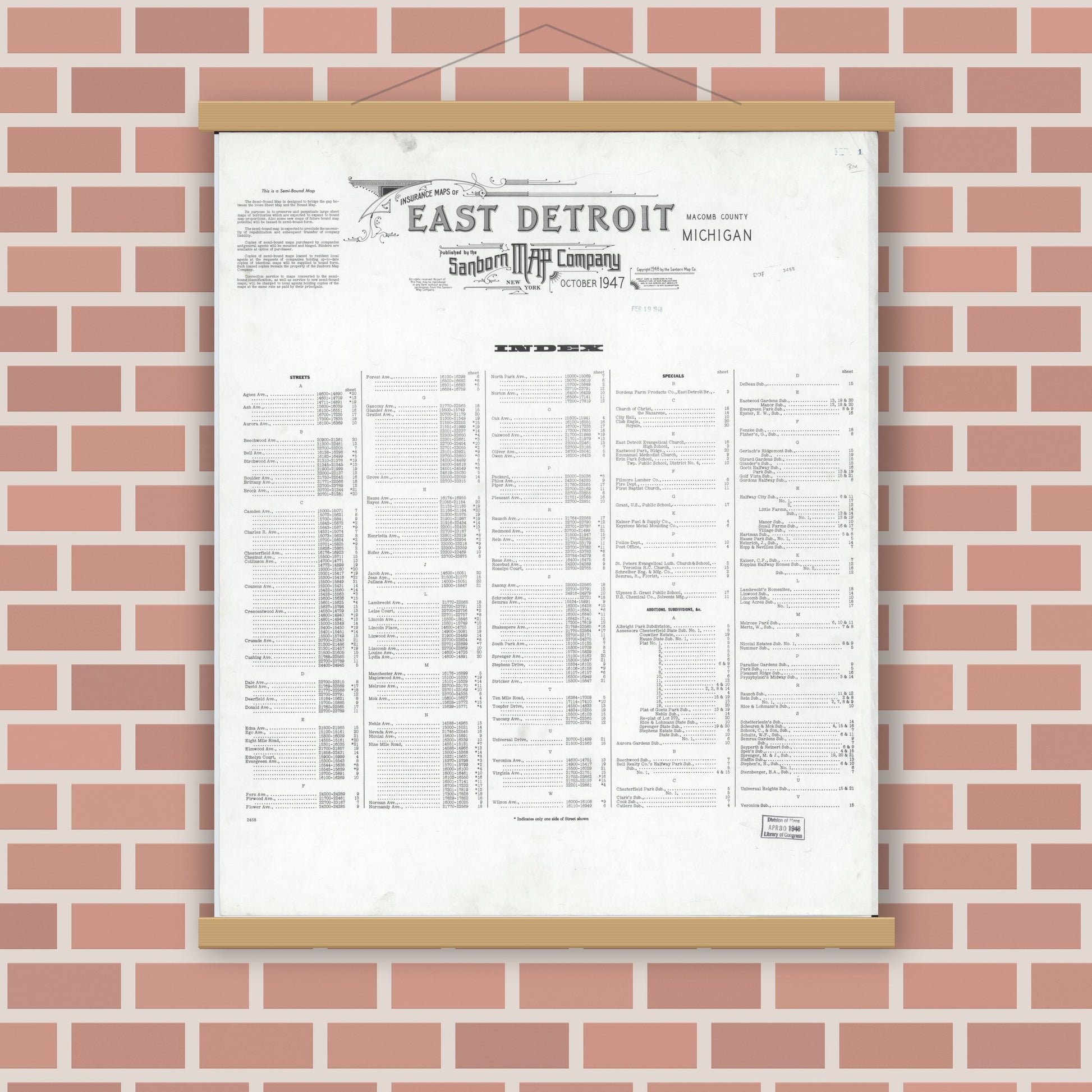 Old map wall art mockup — magnetic wood frame on brick wall — Sanborn Fire Insurance Map from East Detroit, Macomb County, Michigan (1947), Sheet #0001