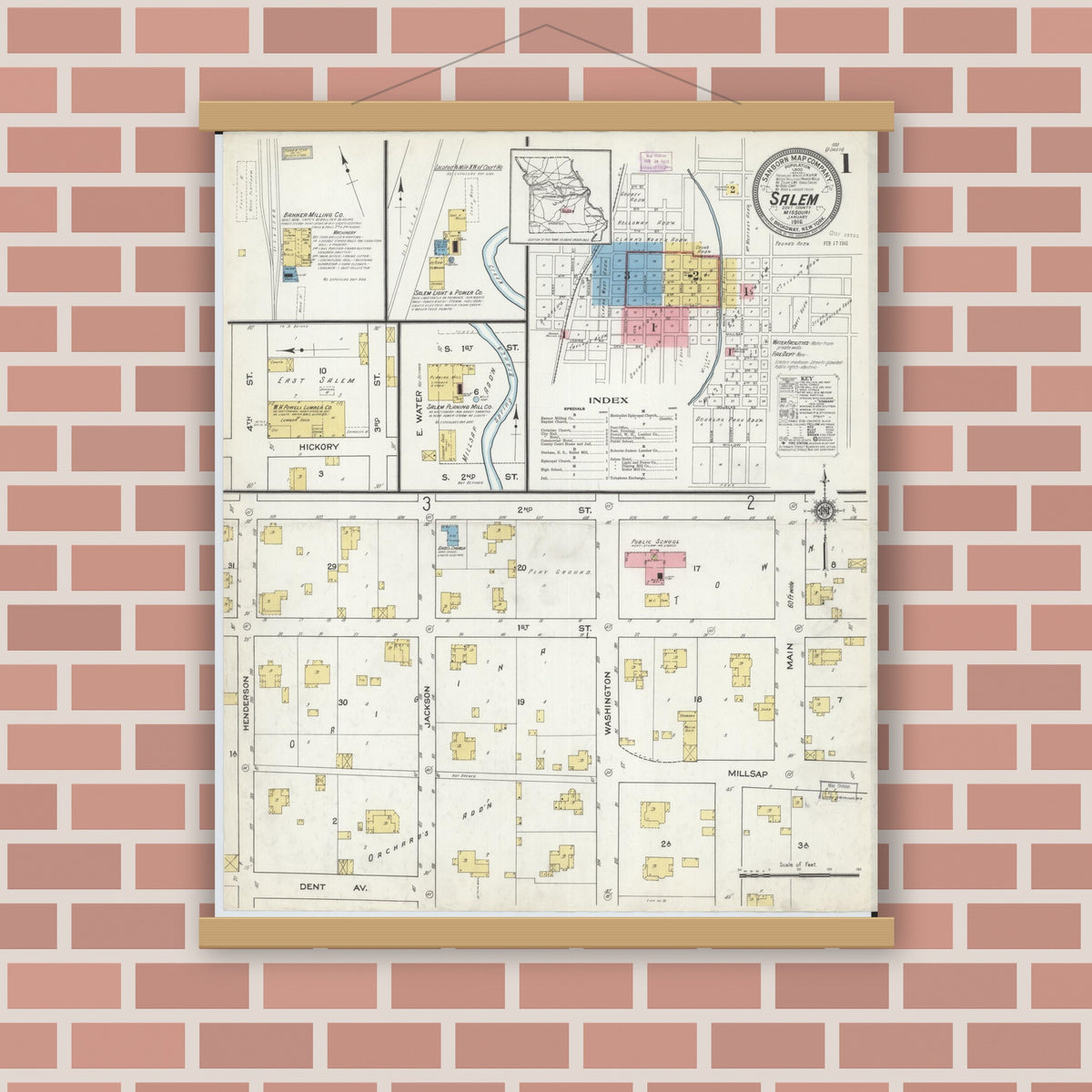 Old map wall art mockup — magnetic wood frame on brick wall — Sanborn Fire Insurance Map from Salem, Dent County, Missouri (1916) - Complete Map Set