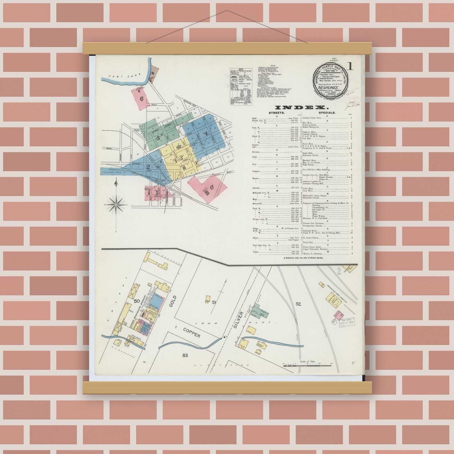 Old map wall art mockup — magnetic wood frame on brick wall — Sanborn Fire Insurance Map from Negaunee, Marquette County, Michigan (1892), Sheet #0001