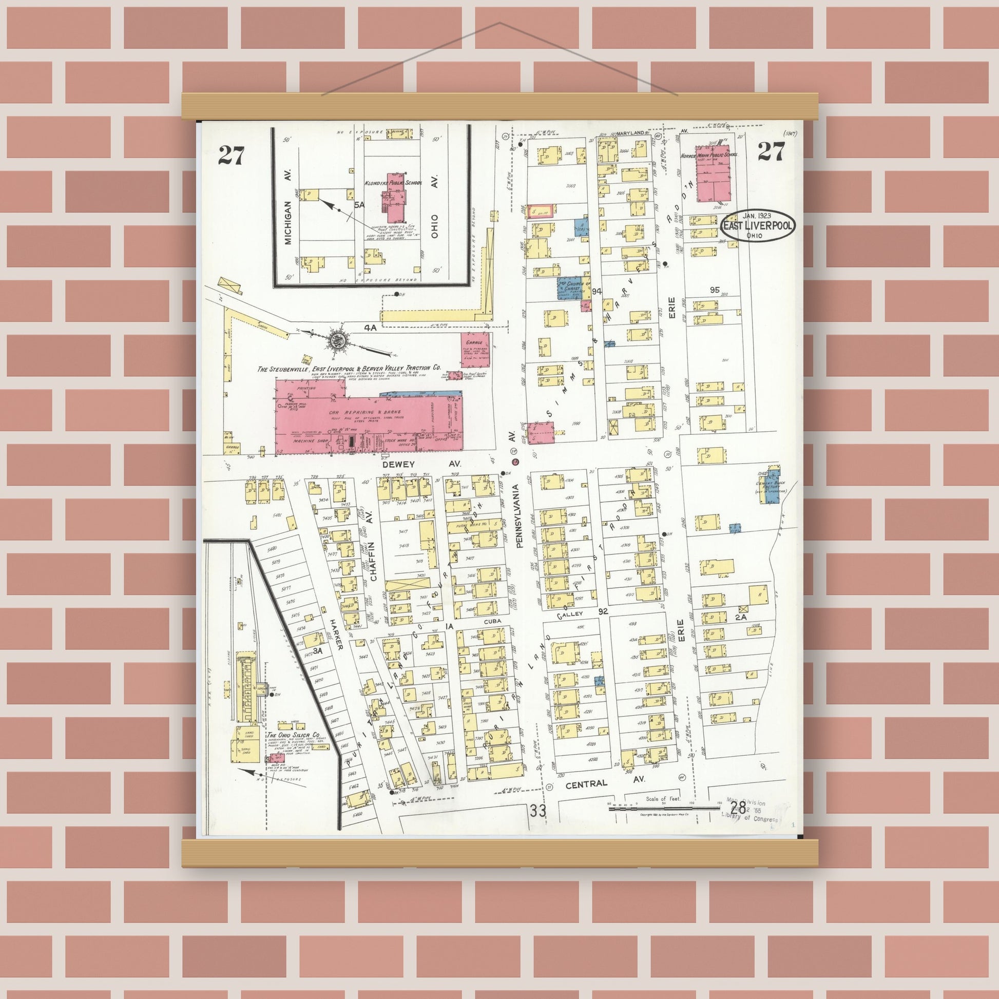 Old map wall art mockup — magnetic wood frame on brick wall — Sanborn Fire Insurance Map from East Liverpool, Columbiana County, Ohio (1923), Sheet #0027