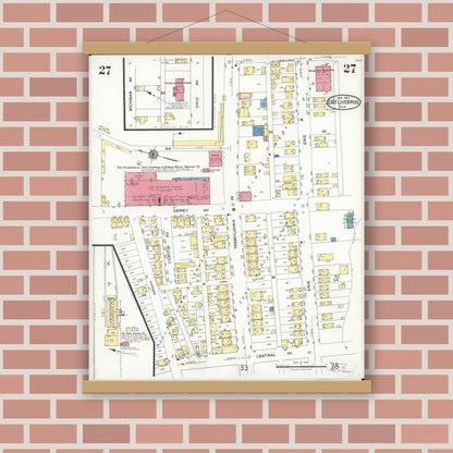 Old map wall art mockup — magnetic wood frame on brick wall — Sanborn Fire Insurance Map from East Liverpool, Columbiana County, Ohio (1923), Sheet #0027