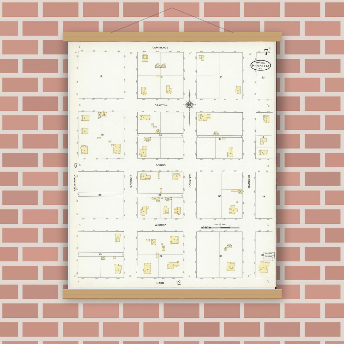 Old map wall art mockup — magnetic wood frame on brick wall — Sanborn Fire Insurance Map from Henrietta, Clay County, Texas (1912), Sheet #0007