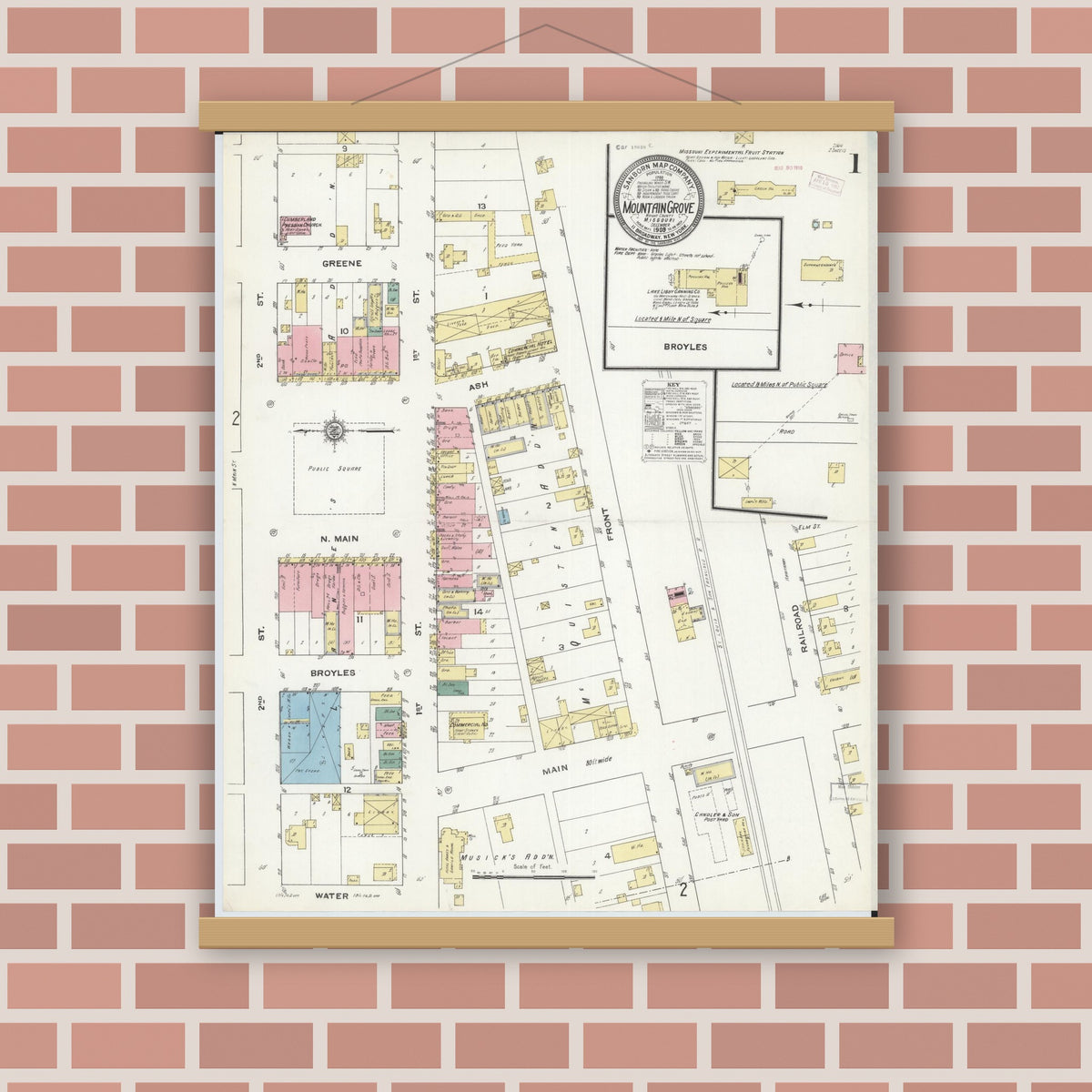 Old map wall art mockup — magnetic wood frame on brick wall — Sanborn Fire Insurance Map from Mountain Grove, Wright County, Missouri (1909) - Complete Map Set