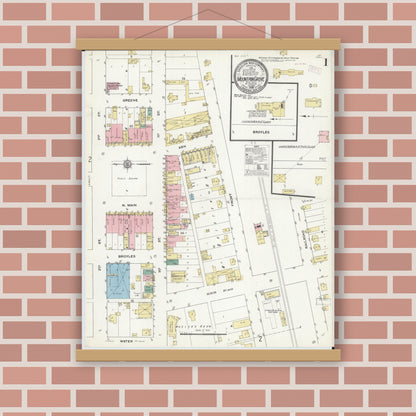 Old map wall art mockup — magnetic wood frame on brick wall — Sanborn Fire Insurance Map from Mountain Grove, Wright County, Missouri (1909) - Complete Map Set