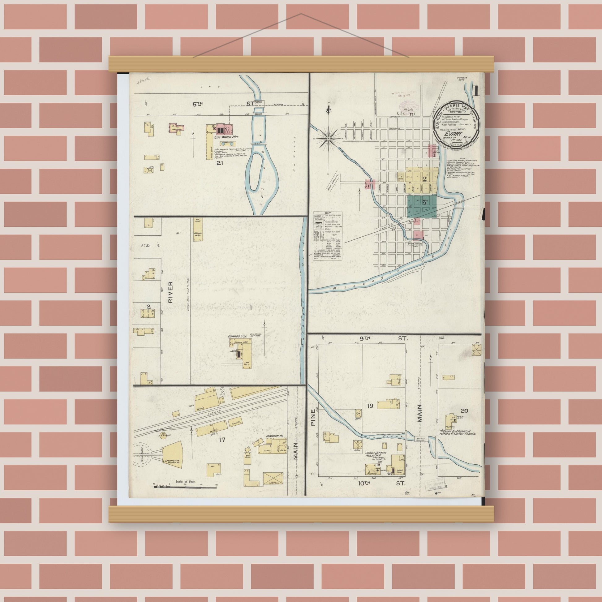 Old map wall art mockup — magnetic wood frame on brick wall — Sanborn Fire Insurance Map from Evart, Osceola County, Michigan (1893) - Complete Map Set
